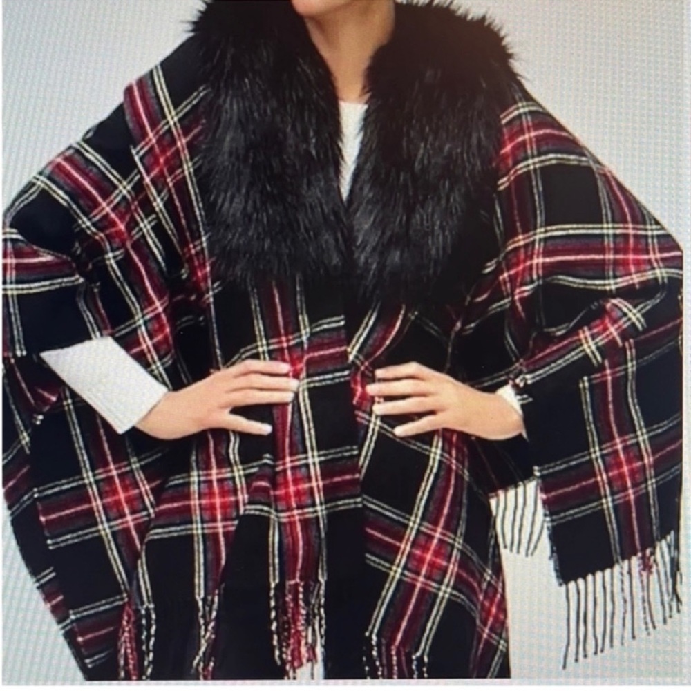 J. Crew Black Plaid Wrap with Faux Fur Collar - Picture 3 of 10